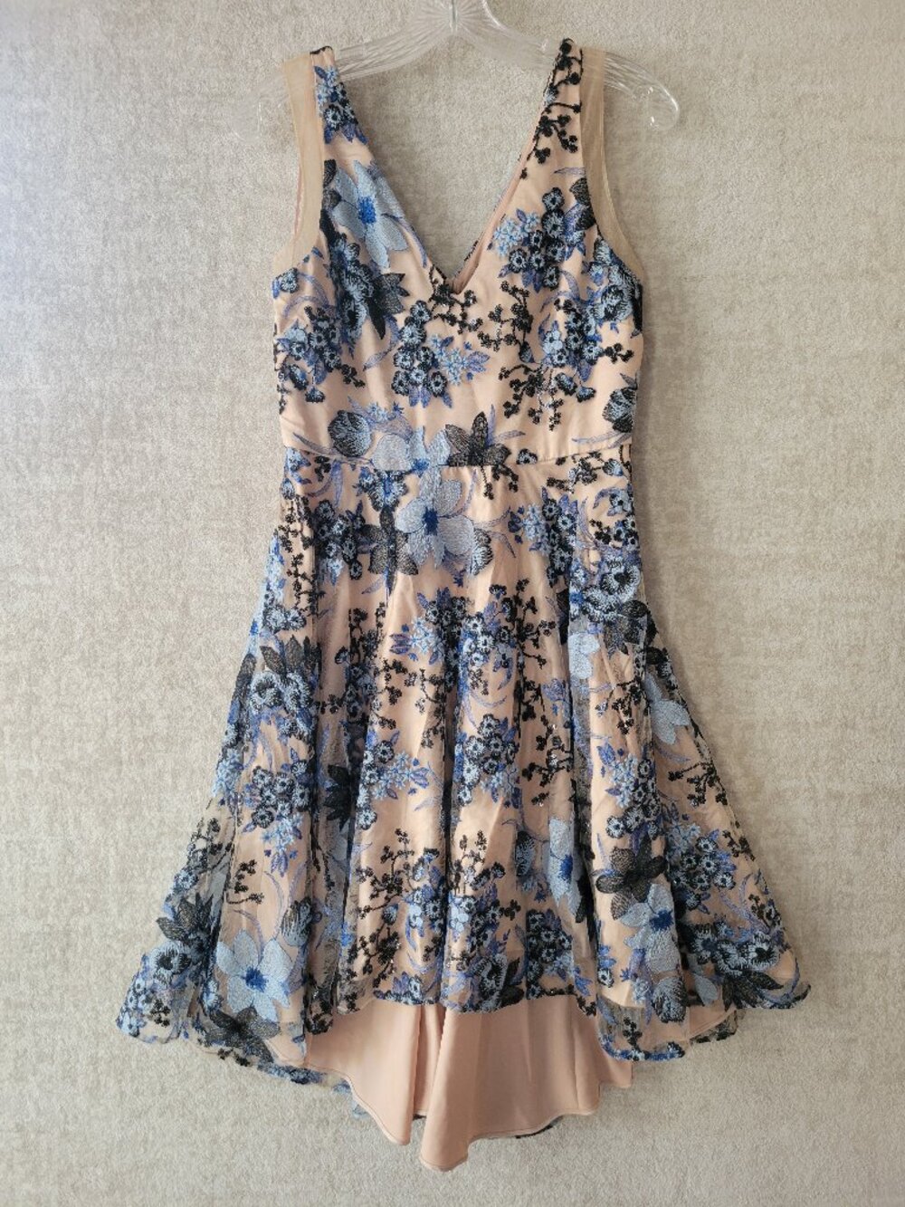 Belle Badgley Mischka Ava Embellished Sequin Lace Dress Small Blue Hi Low